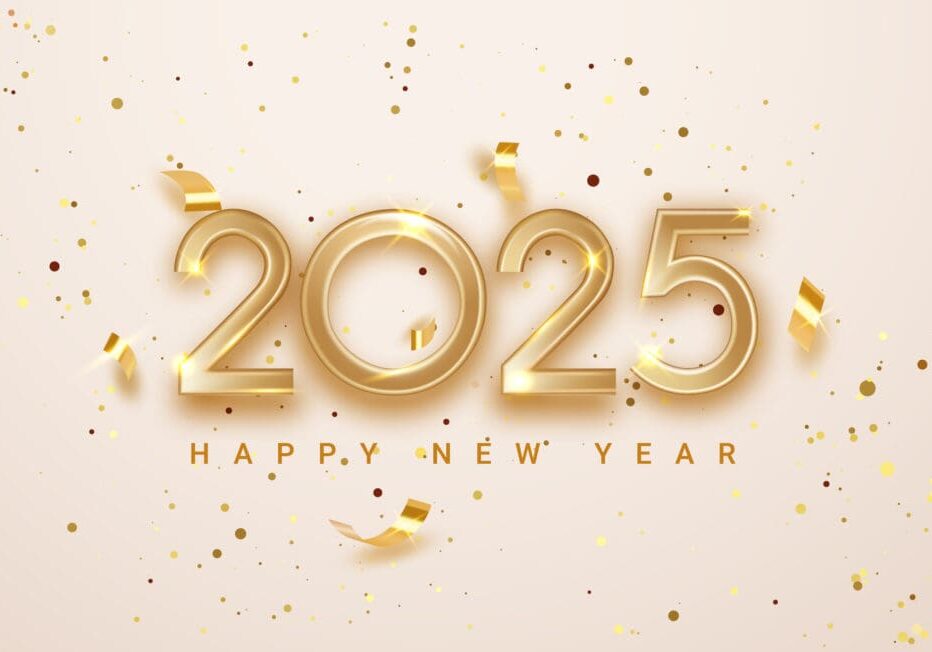 Gold '2025' Happy New Year design with confetti.