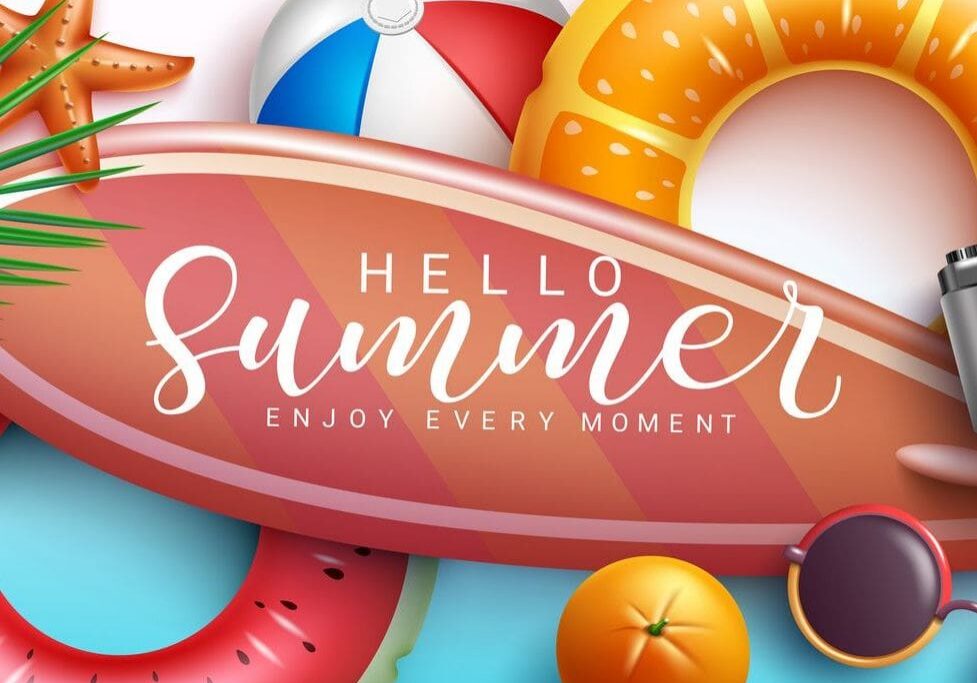 Summer vector concept design. Hello summer text in surfboard with tropical elements of floaters, fruit and camera for fun and enjoy holiday vacation. Vector illustration.