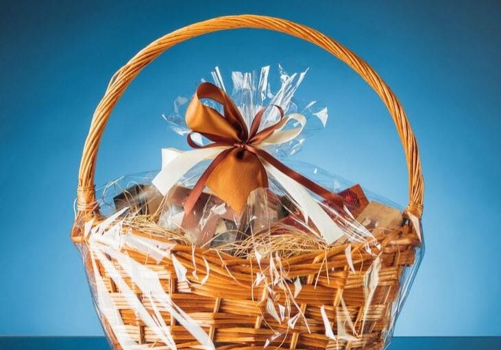 gift basket on blue background, close-up view